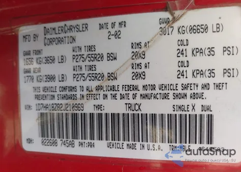 2002 Dodge Ram 1500 St from USA, damaged, VIN 1D7HA18Z82J210969